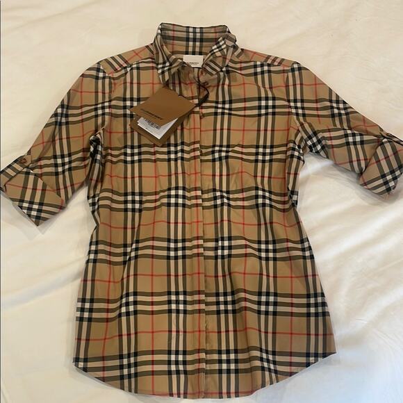Burberry Luka Vintage Check Stretch Cotton Twill Shirt NWT Sz 6 Archive Beige - Picture 1 of 6